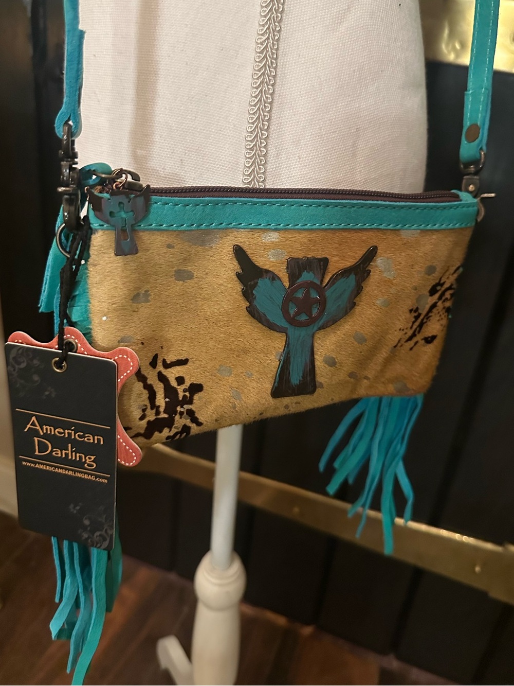 OOAK American Darling Turquoise Western Fringe COWHIDE LEATHER Crossbody bag TX